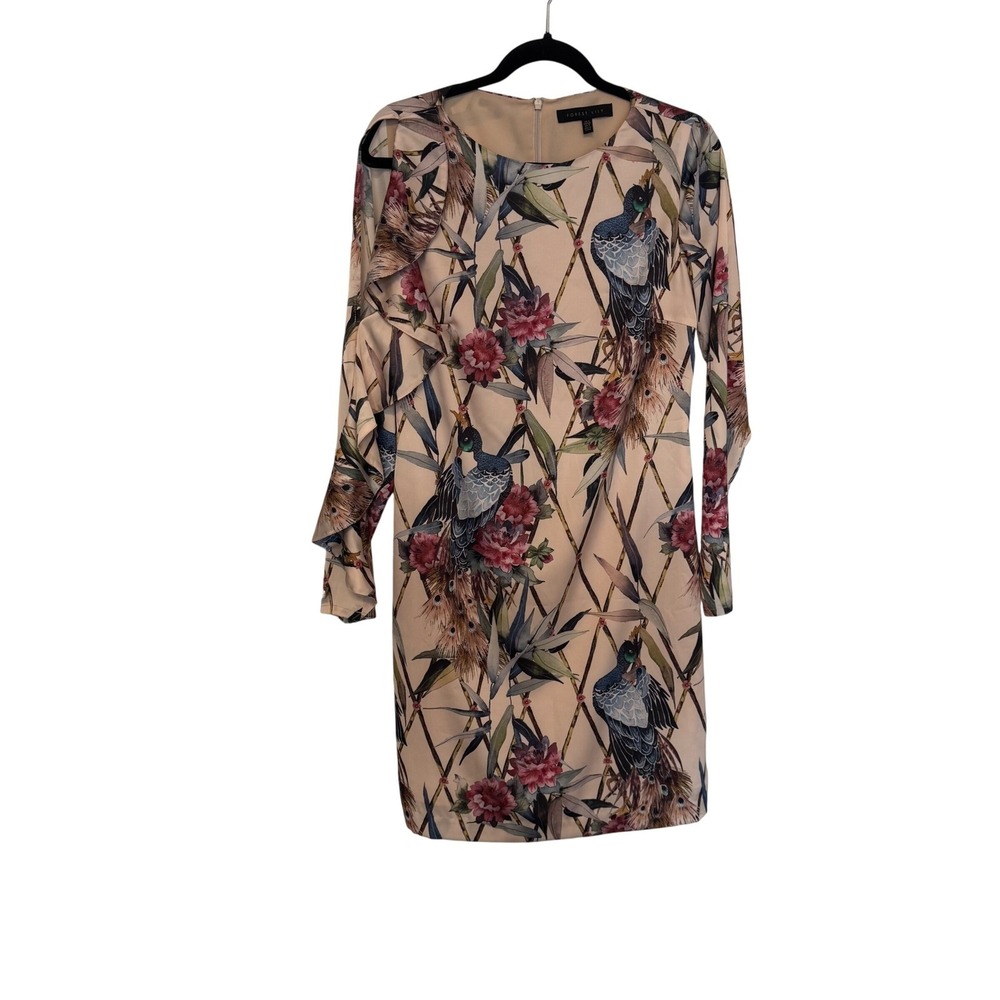 Forest Lily Womens Pink Peacock Floral Ruffle Split Sleeve Sheath Dress Size S